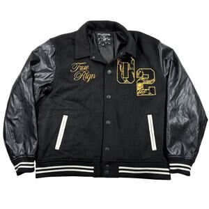 True Religion Jacket 2XL XXL Black Gold TR02 Varsity Wool Blend Leather Sleeve
